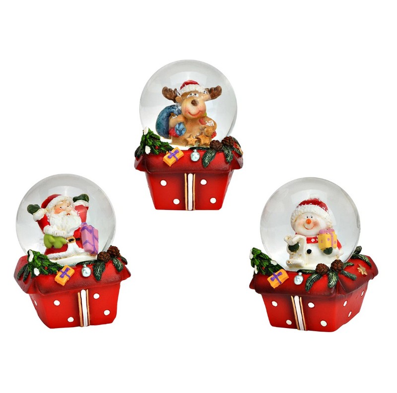 Palla di neve natalizia su base pacco regalo in 3 varianti assortite decorate con Babbo Natale o pupazzo di neve o renna, perfetto come regalo o decoro di Natale
